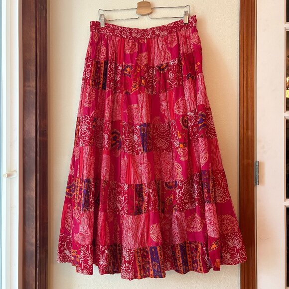 Henna Patchwork Red Maxi Skirt 100% Cotton Bohemian Hippie Flowy Floral Size L - Picture 9 of 10